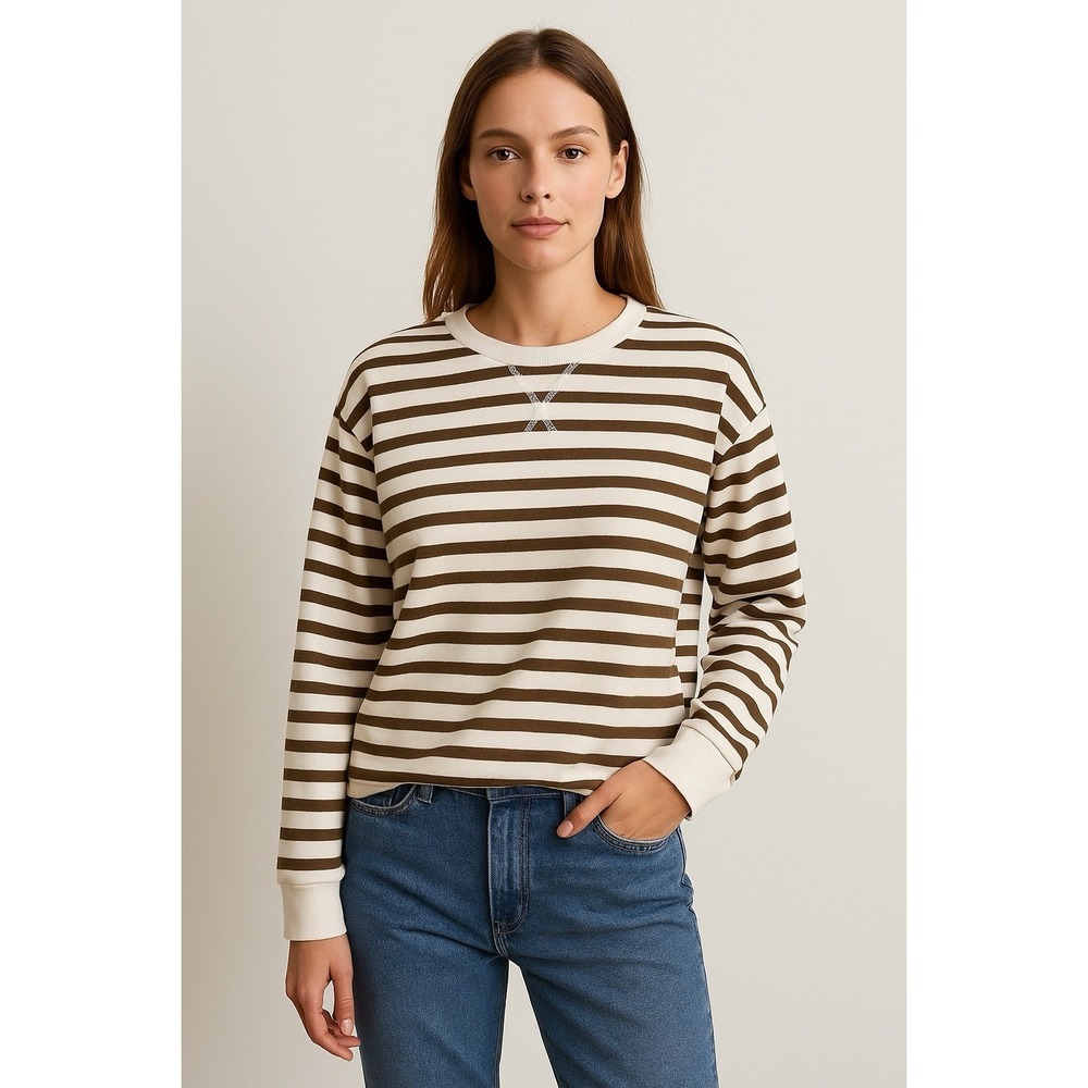 WIHOLL Women's Long Sleeve Lightweight Sweater, Crew NK White And Brown , Sz S